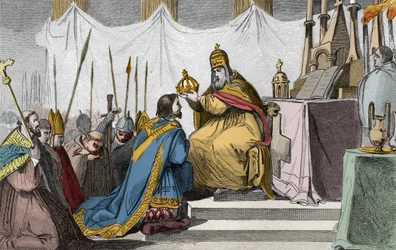 Karol Wielki (742-814) koronowany przez papieża Leona III (ok. 750-816) w bazylice św. Piotra w Rzymie 25 grudnia 800 roku - Namaszczenie (koronacja) Karola Wielkiego (742-814) w 800 roku przez papieża Leona III - Rycina z 1825 roku w „Historii Francji