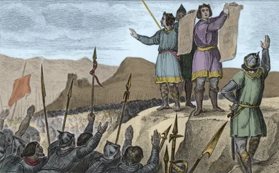 Karol II (823-77) Łysy i jego brat Ludwik Niemiecki zawierają traktat w Strasburgu w 842 - Przysięgi Strasburga złożone przez Karola II Łysego (823-877), króla Francji i cesarza Zachodu oraz Ludwika Germanika , 14 lutego 842 - Grawerowanie