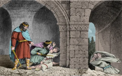 Childebert I (ok. 498-558) przy zabójstwie spadkobierców swoich braci - Childebert I pozwolił Chlotarowi (Clothaire) wymordować dzieci ich brata Chlodomira, króla Orleanu, którego państwa dzielili - rycina z 1825 w „Histoire de France represented by