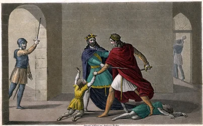 Childebert Pozwoliłem Clotaire (Clothaire) zamordować dzieci ich brata Clodomira, króla Orleanu, którego stany są wspólne. Zaprojektowany i wygrawerowany przez Ambroise Tardieu w 1825 roku.
