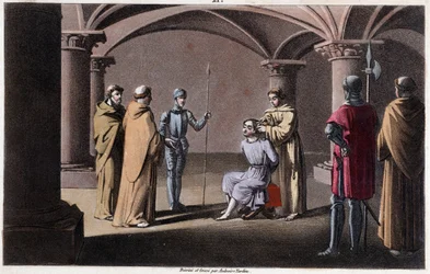 Childeric III detronizuje i zamyka Pepin le Brief w klasztorze w Saint Omer w latach 742-749. Rysunki i grób Ambroise Tardieu w 1825 roku.