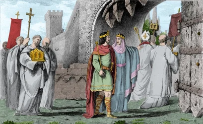 Chilperic I (539-584) w procesji religijnej - Chilperic I po zamordowaniu Sigeberta wszedł do Paryża w procesji, aby nie okazywać łamania złożonej przez siebie przysięgi, że przybędzie tylko za zgodą braci. Brunehaut (lub Brunehilde