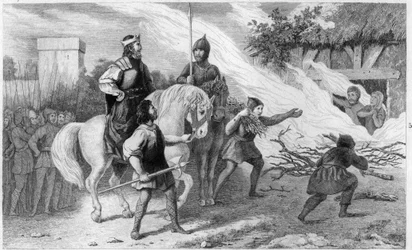 Chlothar I (497-561) pali zbuntowanego syna i rodzinę, 560 - Clotaire (Clothaire) I (497-561), król franków, pali syna Chramne (Chram, Chramn) i żonę w 560, którzy zbuntowali się przeciwko go - Grawer 1825 w „Histoire de France reprezentowanym przez