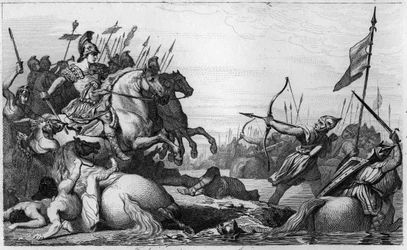 Chlodio Długowłosy (ok. 428-ok. 448) wycofuje się przez most po klęsce zadanej mu przez Aecjusza - Chlodio, zwany „Długowłosym“ (ok. 428-ok. 448), przodek Merowingów i przywódca Franków salickich - Chlodio zostaje pokonany przez Aecjusza, wodza