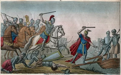 Chlodion, zwany „Długowłosym“ (428-448), przodek Merowingów i przywódca Franków salickich. Chlodion został pokonany przez Aecjusza, wodza Walentyniana III, który zmusił go do ponownego przekroczenia Renu. Rysunek i ryt Ambroise