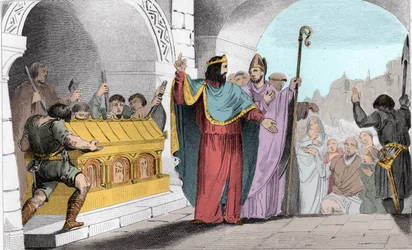 Clovis II (635-657) Sprzedawanie srebra i złota z sanktuarium, aby nakarmić ubogich - Clovis II dit „”le Faineant””, aby nakarmić biednych, wykonał złote i srebrne ostrza usunięte z kościoła Saint-Denis - Rycina 1825 w „Histoire de France reprezentowana pr