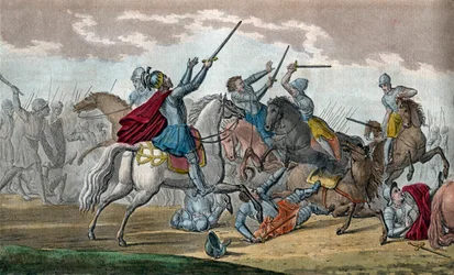 Clovis I (466-511), król Franków, dynastia Merowingów - Podczas bitwy pod Tolbiac z Alamami przysiągł, że nawróci się na katolicyzm, jeśli Bóg da mu zwycięstwo - Rysuj i grób Ambroise Tardieu w 1825 r.