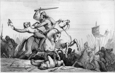 Hrabia Eudes broniący Paryża przed Normanami w 885 - Eudes (Odon) (860-898), dynastia Karolingów, prowadzi bitwę przeciwko Normanom i zwycięsko broni Paryż (885 - 887) - Rycina 1825 w „Histoire de France reprezentowana przez synoptyków malować