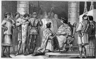 Edward III z Anglii zobowiązuje nas do złożenia hołdu Filipowi VI Walezemu w katedrze w Amiens w 1329 r. - Rycina z 1825 r. w „Histoire de France reprezentowana przez obrazy synoptyczne poświęcone dzieciom Francji i pracownikowi ich edukacji” -