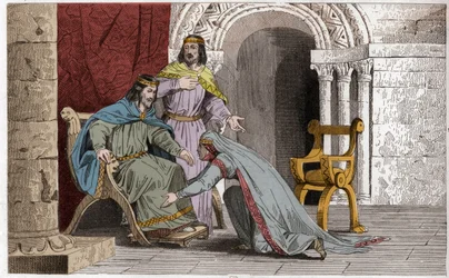 Emme całuje kolano swojego męża Raoula (d936) w uznaniu jego suwerenności - Emma de France (894-934) całuje kolana swojego męża Raoula (ok. 890-936), którego wybrała na króla podczas niewoli Karola III Proste - Grawerowanie z 1825 r.