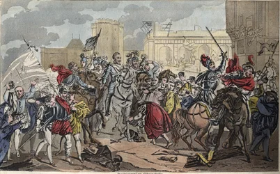 Wejście Henryka IV do Paryża: Henryk IV (1553-1610). Nawrócenie króla na katolicyzm przyniosło ostatni cios Lidze, otwierając drzwi Paryża i serce jego poddanych w 1594 r. - Rysowanie i grób Ambroise Tardieu w 1825 r.