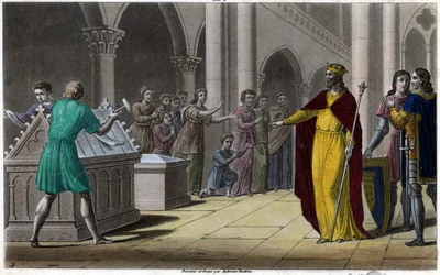 Grimoald, syn Pépina Starszego, burmistrza Pałacu Austrazji (642) pod Sigebertem III. Zaprojektowany i wygrawerowany przez Ambroise Tardieu w 1825 roku.