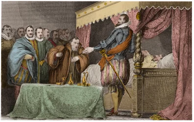 Henryk III (1551-1589), król Francji, uznaje na łożu śmierci Henryka z Nawarry (Henryk IV) za swego prawowitego następcę - Saint-Cloud, 2 sierpnia