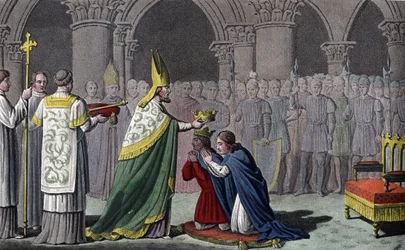 Ludwik III (863-82) i Carloman (865-84) koronowani razem - Ludwik III (v.863 - 882) i Carloman (? - 884) są święci i koronowani tego samego dnia (w 879) w opactwie Ferrières w Gâtinais - Zaprojektowany i wygrawerowany przez Ambroise Tardieu w 1825 roku.