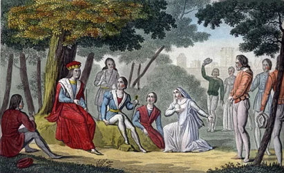Ludwik IX, znany jako „Saint-Louis” (1214-1270) oddaje sprawiedliwość wszystkim swoim poddanym w drewnie Vincennes – zaprojektowanym i rytowanym przez Ambroise Tardieu w 1825 roku.