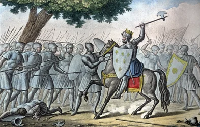 Ludwik VI, znany jako „Gros” (1081 - 1137), w bitwie pod Brenneville usiłuje usunąć Normandię z rąk króla Henryka I w 1119 r. - Zaprojektowany i wyryty przez Ambroise Tardieu w 1825 r.