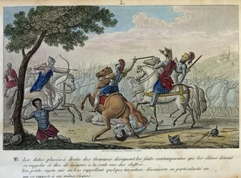 Merovee (447-458) przeciwstawia się Attyli na Polach Catalaunique w pobliżu Troyes wraz z Aetiusem i Teodorykem I. Jest zarozumiałym królem Francs-Salians i dał swoje imię dynastii Merowingów. - Rysowanie i grób Ambrose Tardieu w 1825 roku.