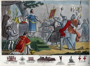 Filip II (1165-1223), król Kapetian, znany jako „Augustus”, proponuje oddać koronę swoim żołnierzom, jeśli zdołają ją utrzymać na dzień przed bitwą pod Bouvines, ale wszyscy wolą zatrzymać swojego króla. Wygrywając tę bitwę, Filip II zniszczył koalicję