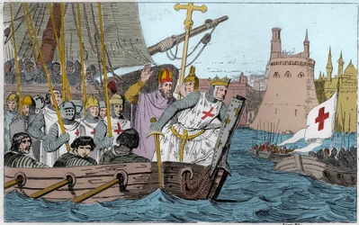Siódma krucjata: król Święty Ludwik (1214-1270) i krzyżowcy oblegają Damiettę w czerwcu 1249 w Dolnym Egipcie - Siódma krucjata do Ziemi Świętej 1248-50 - Święty Ludwik IX (1214-70) prowadzi swoje wojska do bitwy - Rycina z 1825 roku w „Histoire de France