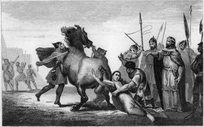 Śmierć królowej Austrazji Brunhildy, wizygockiej księżniczki poślubionej królowi Austrazji Sigebertowi I - tortury Brunhildy: Brunhilda lub Brunehilda (543-613), więźniarka Chlotara II, zostaje w 613 roku przywiązana do ogona narowistego konia - E