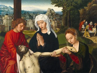 Pieta u stóp krzyża - Obraz Ambrosiusa Bensona (1495-1550), olej na drewnie, ok. 1530, 68x88,2 cm - Pieta u stóp krzyża, olej na drewnie Ambrosiusa Bensona - Museo de Bellas Artes de Bilbao