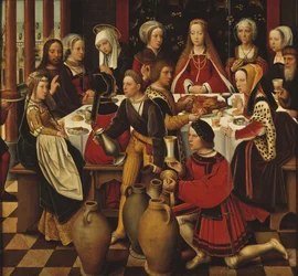 Les noces de Cana - Uczta weselna w Kanie, Benson, Ambrosius (1495-1550). Olej na drewnie. Wymiar : 99x105 cm. Muzeum Narodowe w Sztokholmie