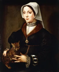 Portret damy w ujęciu trzy czwarte, w ciemnym stroju, trzymającej kota