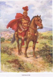 Imperator: pierwotnie był tutaj, zwycięski rzymski generał został pozdrowiony przez swoich żołnierzy w polu. Później tytuł zarezerwowany był tylko dla cesarzy , ilustracja z Żołnierza rzymskiego, 1928 (kolor