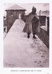 Patrolowanie fortu na północy Wielkiej Brytanii zimą, ilustracja z filmu The Roman Soldier, 1928