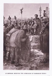 Cesarz otrzymuje uległość wodzów barbarzyńskich, ilustracja z rzymskiego żołnierza, 1928
