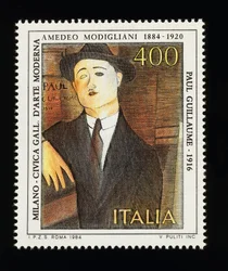 Znaczek pocztowy z włoskiej serii artystycznej ku czci Amedeo Modiglianiego (1884-1920), przedstawiający portret Paula Guillaume (1916), znaczek 400 lirów