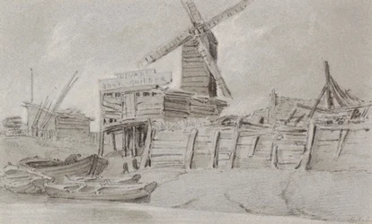 Wiatrak i stocznia łodzi, ok. 1803 (węgiel, ołówek i pranie)
