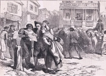 Bostończycy czytający Ustawę o znaczkach, ilustracja z Cassells History of the United States wydana przez Cassell, Petter & Galpin, c.1900 (litografia)