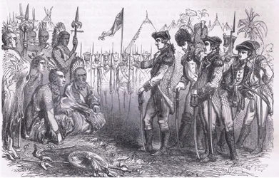 Generał Burgoyne przemawiający do Indian, ilustracja z Cassells History of the United States wydana przez Cassell, Petter & Galpin, c.1900 (litografia)