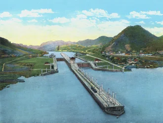 Widok z lotu ptaka na Pedro Miguel Locks, Kanał Panamski (kolorowe zdjęcie)