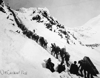Poszukiwacze wspinający się na przełęcz Chilkoot podczas gorączki złota Klondike (1897-98) (zdjęcie czarno-białe)