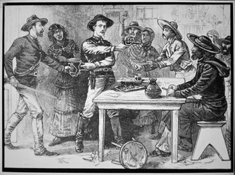 Texas Rangers aresztowanie meksykańskiego banity, c.1880 (grawerowanie)