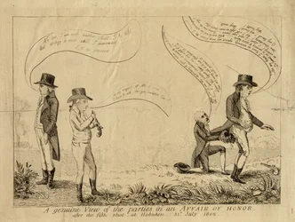Prawdziwy pogląd na strony w aferze honorowej po piątym strzale w Hoboken, 31 lipca 1802 r.