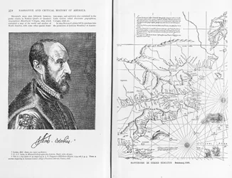 Abraham Ortel Oretelius (1527-98) i jego mapa świata z 1569 r., ilustracja z „Narrative and Critical History of America”, wyd. w 1886 r