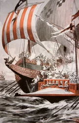 Arouji, brat Barbarossy, atakuje galery skarbów papieża Juliusza II, w 1504 (kolor lito)