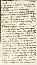 Artykuł z Boston Chronicle szczegółowo opisujący wydarzenia masakry w Bostonie, 5 marca 1770 (druk gazetowy)