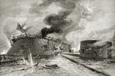 Bitwa między Monitorem i Merrimac w 1862 r., z „Krótkiej historii Stanów Zjednoczonych”, opublikowanej przez AS Barnes und Co. w 1885 r.