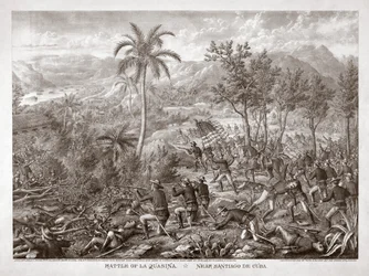 Bitwa pod La Quasina, niedaleko Santiago de Cuba, wyd. 1898 (rycina)