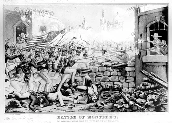 Bitwa pod Monterey: Amerykanie wdzierają się na główny plac, 23 września 1846 r., grawerowana i opublikowana przez Nathanial Currier (1813-88)