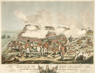 Bitwa o Nowy Orlean i śmierć generała majora Packenhama 8 stycznia 1815, wyd. 1815 (kolorowy grawerunek)