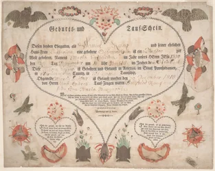 Akt urodzenia i chrztu (Geburts und Taufschein) dla Marii Cathariny Raup c.1806 (pióro i atrament z akwarelą na papierze)