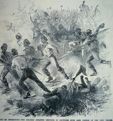 Czarne oddziały Armii Unii przywożą zdobyte działa podczas oblężenia Petersburga (1864-65) (lito)