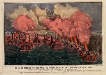 Bombardowanie wyspy numer 10 na rzece Missisipi, wyd. autorstwa Currier i Ives, 1862