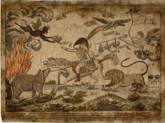 Bonaparte w tarapatach, 1815 (ręcznie barwiony grawer)