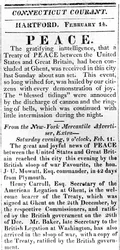 Broadside ogłaszający pokój między USA a Wielką Brytanią po wojnie 1812, wydrukowany w Connecticut Courant, 1815 (druk)